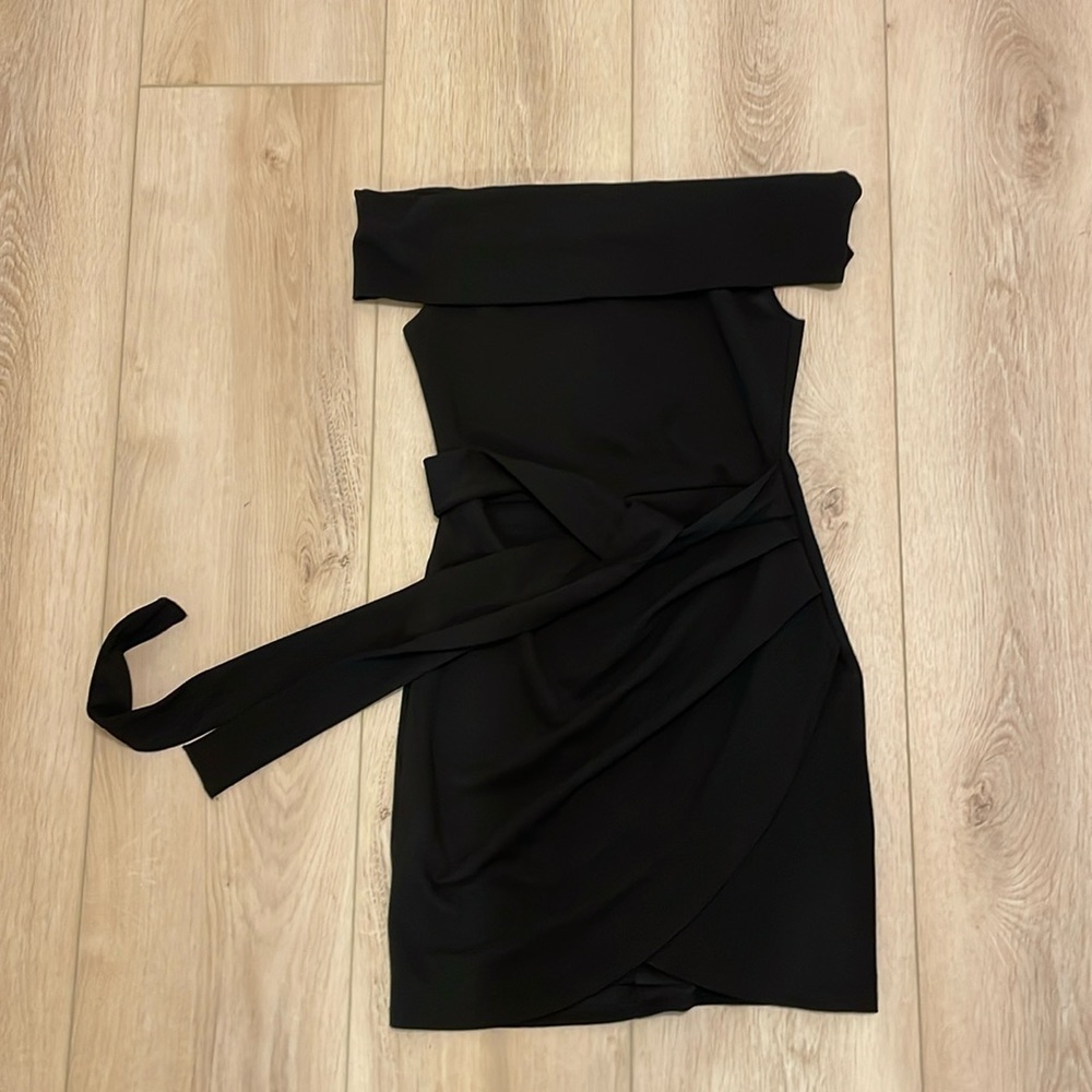 Blue Blush off the shoulder belted black dress